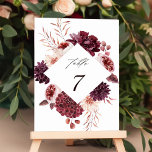 Autumn Romance Watercolor Floral Wedding  Table Number<br><div class="desc">This wedding table number features a watercolor flower wreath of dahlias,  garden roses,  and peony in burgundy red,  maroon,  blush pink over fall leaves with a diamond shape frame. For more advanced customization of this design,  please click the BLUE DESIGN TOOL BUTTON. Matching items are also available.</div>