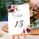 Autumn Romance Watercolor Floral Wedding Table Number<br><div class="desc">This wedding table number features watercolor flower bouquets of dahlias,  garden roses,  and peony in burgundy red,  maroon,  blush pink over fall leaves. For more advanced customization of this design,  please click the BLUE DESIGN TOOL BUTTON. Matching items are also available.</div>