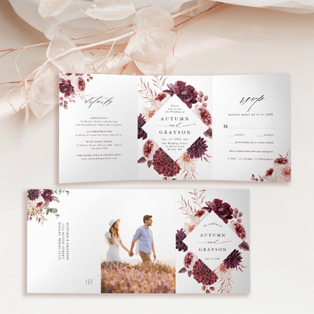Autumn Romance Watercolor Floral Wedding  Tri-Fold Invitation (Inside & Outside)
