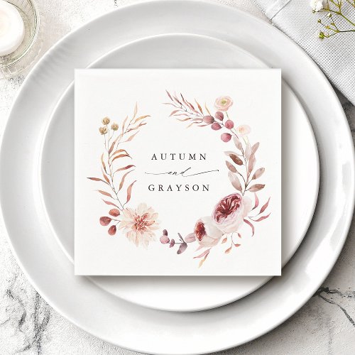 Autumn Romance Watercolor Floral Wreath Wedding  Napkins