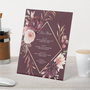 Autumn Romance Wedding Bar Menu Burgundy Pedestal Sign