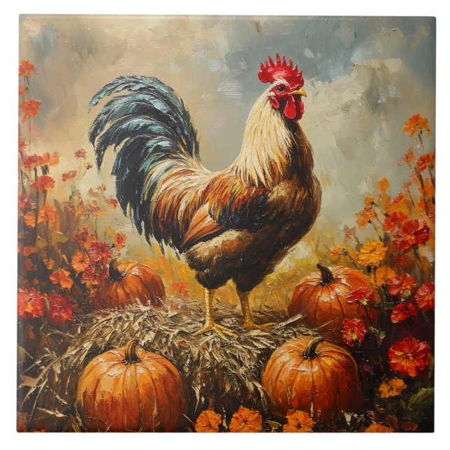 Autumn Rooster with Pumpkins Ceramic Tile (Front)