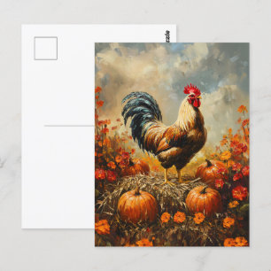 Autumn Rooster with Pumpkins Postcard
