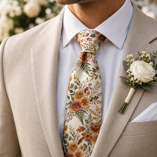 Autumn Rose and Botanical Leaf Symmetry Floral Neck Tie