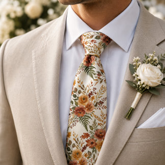 Autumn Rose and Botanical Leaf Symmetry Floral Neck Tie
