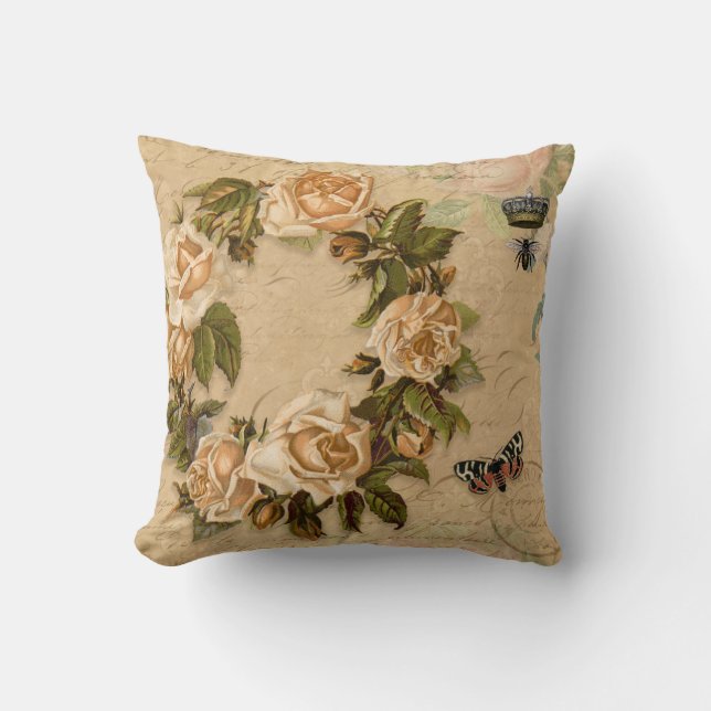 Autumn Rose Floral Bouquet Flowers Bee n Ephemera Throw Pillow (Front)