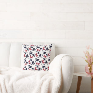 Autumn Rose Hip and Branch Pattern White Throw Pillow