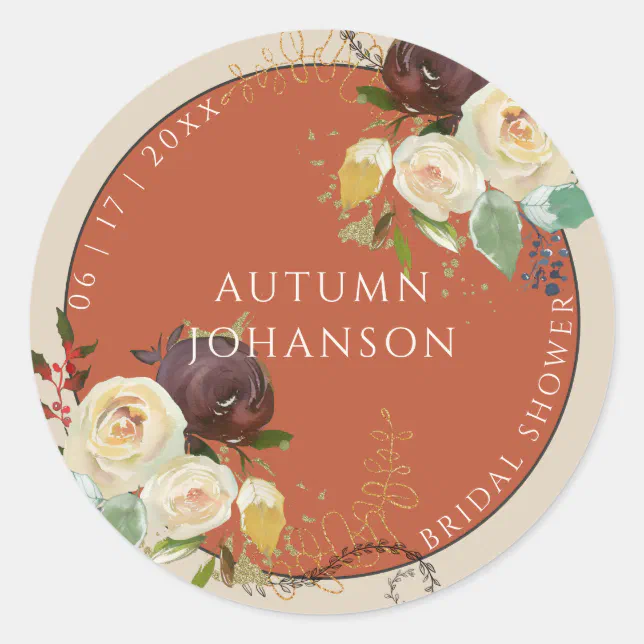 Round Sticker Rose Autumn Roses Bridal Shower Classic Round Sticker | Zazzle