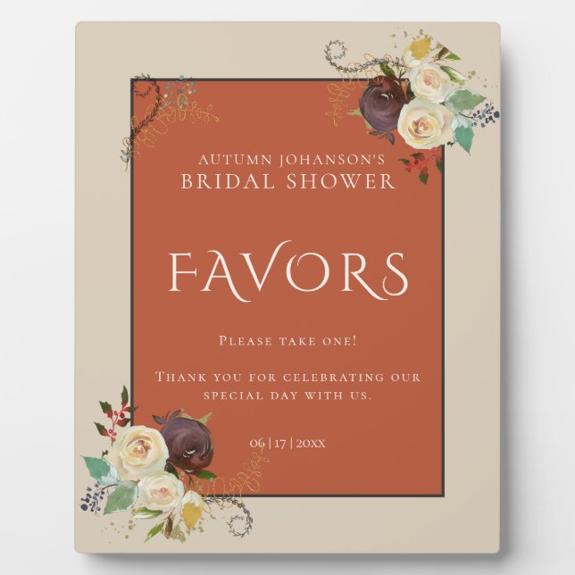 Autumn Roses Bridal Shower Favors Plaque (Front)