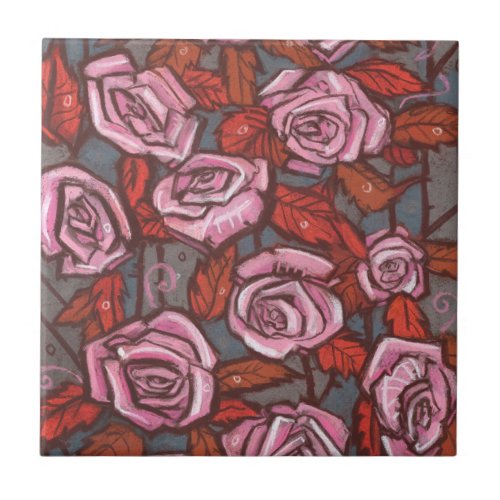Autumn Roses Floral Art Rustic Flowers Pink Orange Ceramic Tile