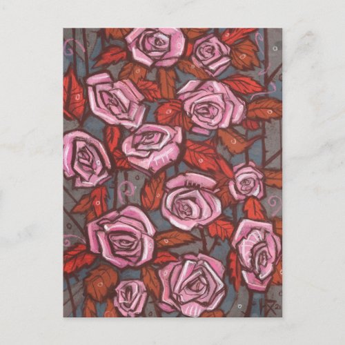 Autumn Roses Floral Art Rustic Flowers Pink Orange Postcard