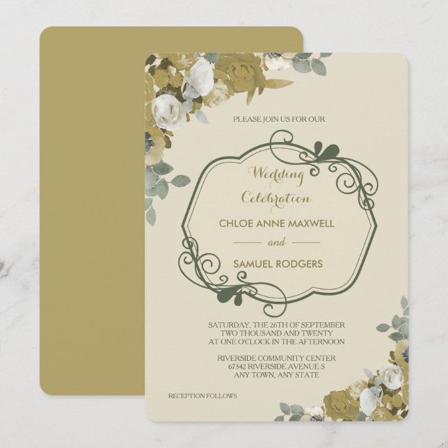 Autumn Roses in Gold and Silver Wedding Invitation (Front/Back)