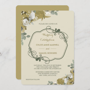 Autumn Roses in Gold and Silver Wedding Invitation