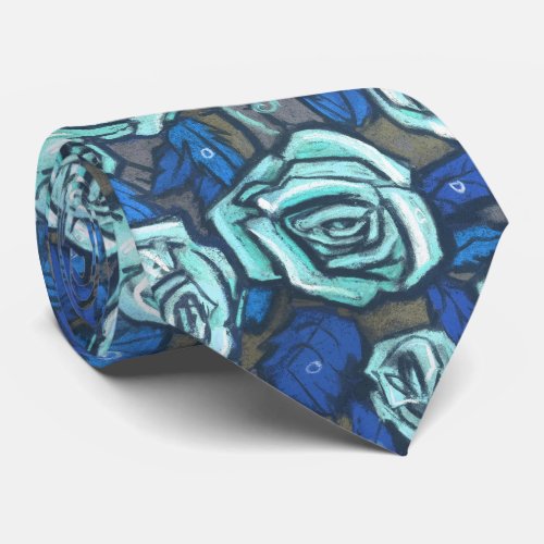 Autumn Roses Retro Floral Pattern Blue Grey Mint Neck Tie