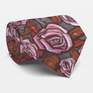 Autumn Roses Retro Floral Pattern Pink Grey Brown Neck Tie
