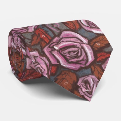 Autumn Roses Retro Floral Pattern Pink Grey Brown Neck Tie