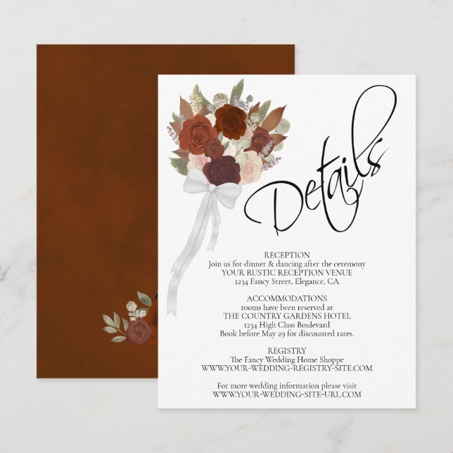 Autumn Roses Rust Orange Bouquet Wedding Details Enclosure Card (Front/Back)