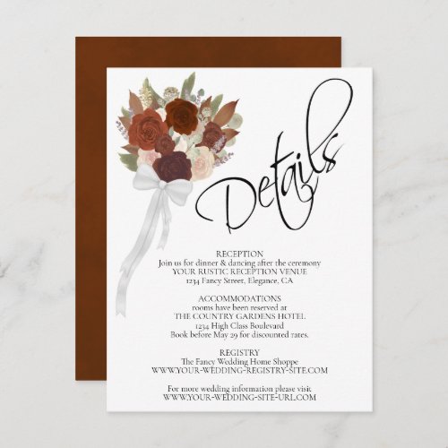 Autumn Roses Rust Orange Bouquet Wedding Details Enclosure Card