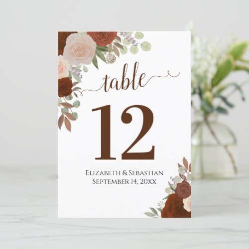 Autumn Roses Wedding Table Number Card Large