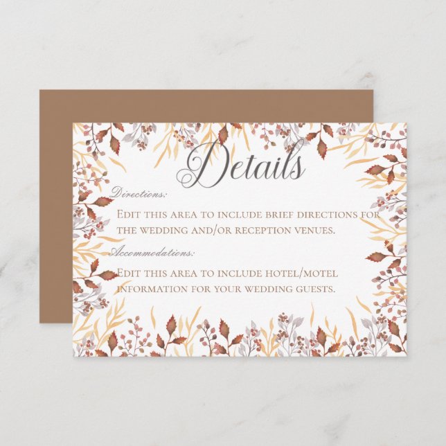 Autumn Rust & Brown Boho Modern Details Wedding Enclosure Card (Front/Back)