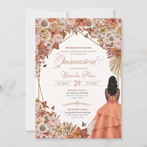 Autumn Rust Dried Floral Fall Leaves Quinceanera I Invitation