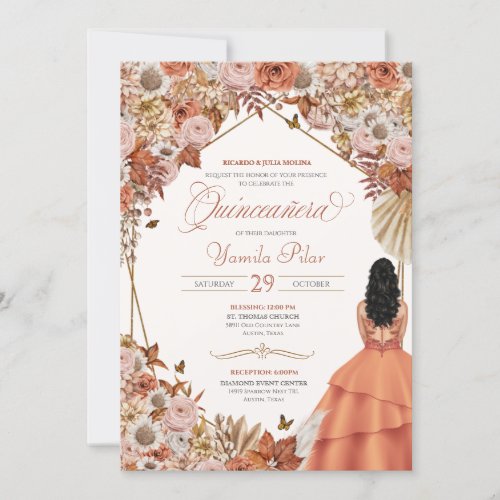 Autumn Rust Dried Floral Fall Leaves Quinceanera Invitation
