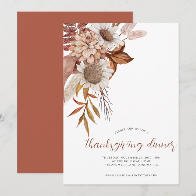 Autumn Rust Floral Thanksgiving Invitation (Front/Back)