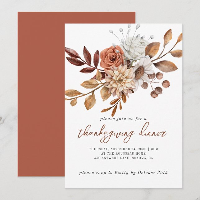 Autumn Rust Floral Thanksgiving Invitation (Front/Back)
