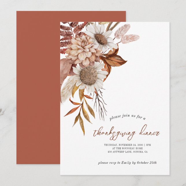 Autumn Rust Floral Thanksgiving Invitation (Front/Back)