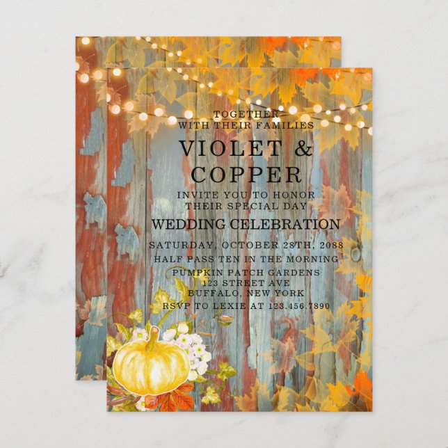 Autumn Rust Lights Pumpkin Peony Wedding  Invitation (Front/Back)