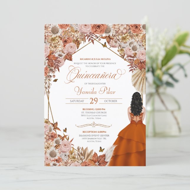 Autumn Rust Orange Leaves Quinceanera Invitation (Standing Front)