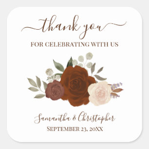 Autumn Rust Orange Roses Wedding Thank You Square Sticker