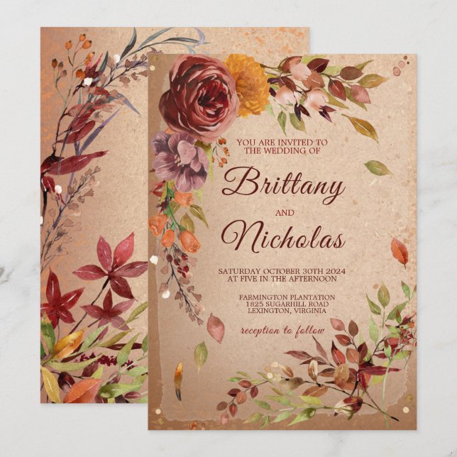 Autumn Rustic Bloom Burgundy Blush Fall Wedding  Invitation (Front/Back)