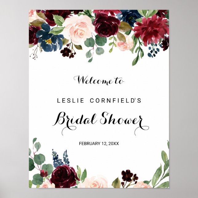 Autumn Rustic Burgundy Bridal Shower Welcome Poster (Front)