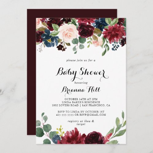 Autumn Rustic Burgundy Calligraphy Baby Shower Invitation