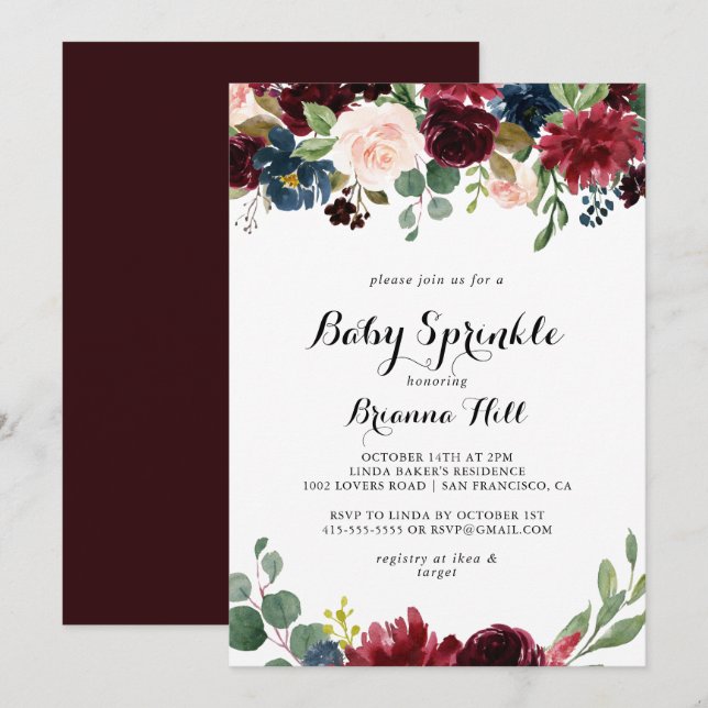 Autumn Rustic Burgundy Calligraphy Baby Sprinkle Invitation (Front/Back)