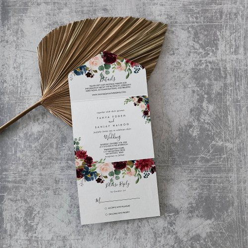 Autumn Rustic Burgundy Calligraphy Wedding  All In One Invitation
