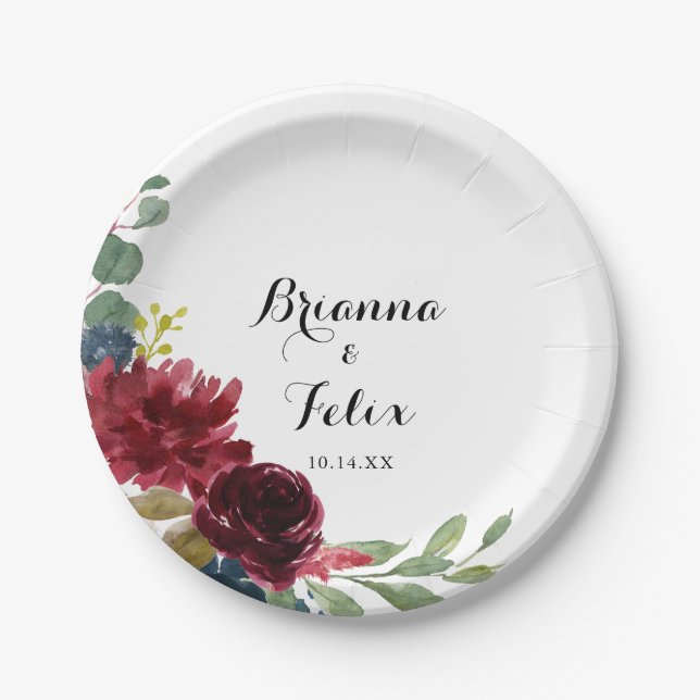Autumn Rustic Burgundy Calligraphy Wedding Cake Paper Plates (Front)