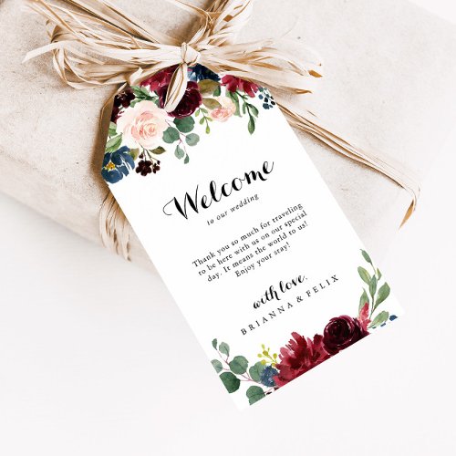 Autumn Rustic Burgundy Calligraphy Wedding Welcome Gift Tags