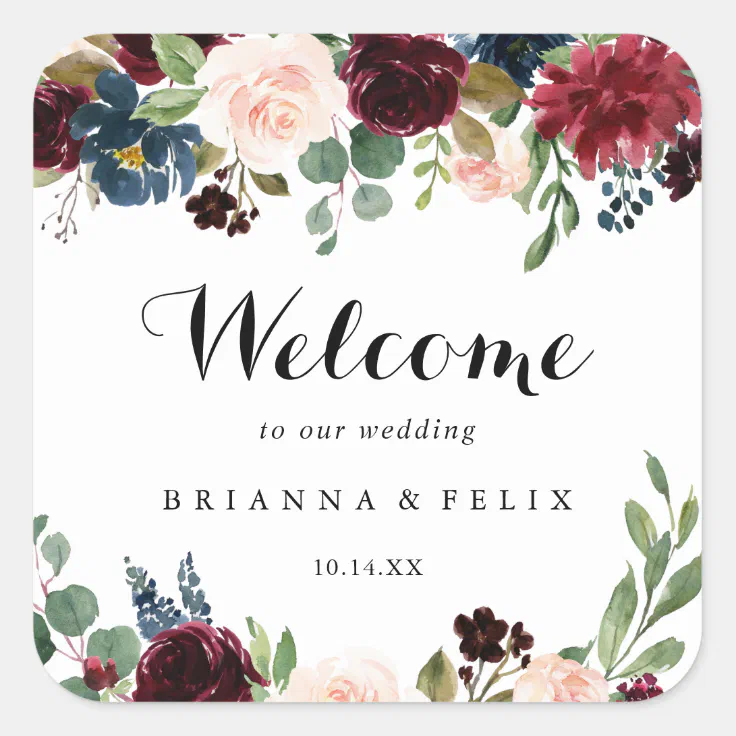 Autumn Rustic Burgundy Calligraphy Wedding Welcome Square Sticker | Zazzle