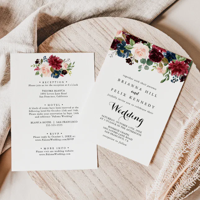 Autumn Rustic Burgundy Floral Front & Back Wedding Invitation | Zazzle