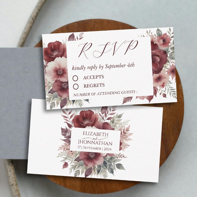 Autumn Rustic Burgundy Floral Watercolor RSVP  Note Card (Creator Uploaded)