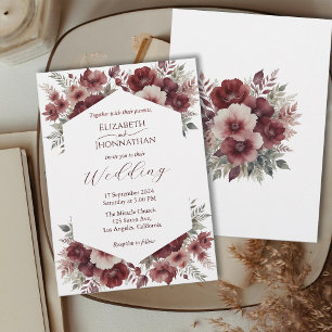 Autumn Rustic Burgundy Floral Watercolor Wedding Invitation