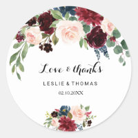 Autumn Rustic Burgundy Love & Thanks Wedding Classic Round Sticker