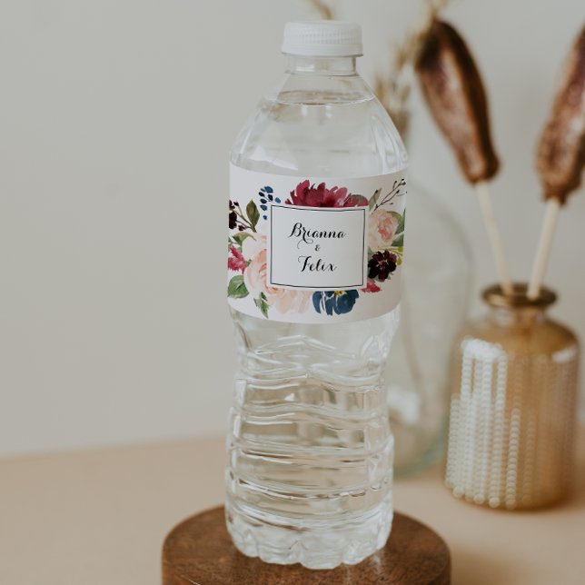 Autumn Rustic Burgundy Modern Calligraphy Wedding Water Bottle Label (Creator Uploaded)