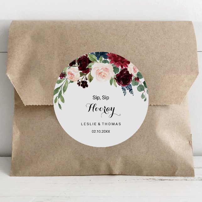Autumn Rustic Burgundy Sip Sip Hooray Wedding Classic Round Sticker (Creator Uploaded)