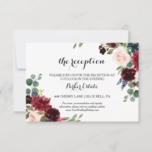 Autumn Rustic Burgundy Wedding Reception Card | Zazzle