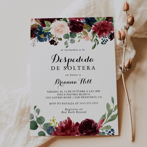 Autumn Rustic Calligraphy Spanish Bridal Shower Invitation