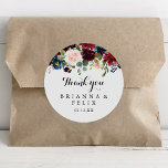 Autumn Rustic Calligraphy Thank You Wedding Favor Classic Round Sticker<br><div class="desc">This autumn rustic calligraphy thank you wedding favor classic round sticker is perfect for a modern wedding. The design features burgundy, red, navy, blue and blush radiant and graceful hand-painted flowers, inspiring natural beauty. Make the sticker labels your own by including your names, the event (if applicable), and the date....</div>