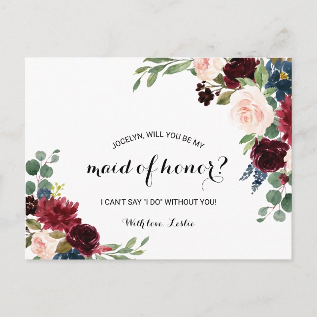 Autumn Rustic Dazzling Burgundy Maid of Honor Invitation Postcard (Front)